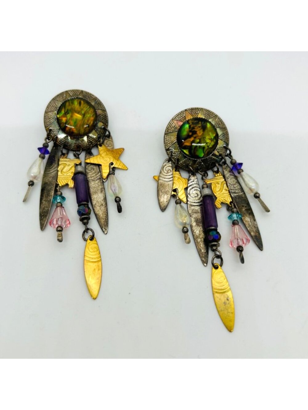 Artisan Celestial Earrings Metal Moon Star Feather Dangle Chandelier Bohemian